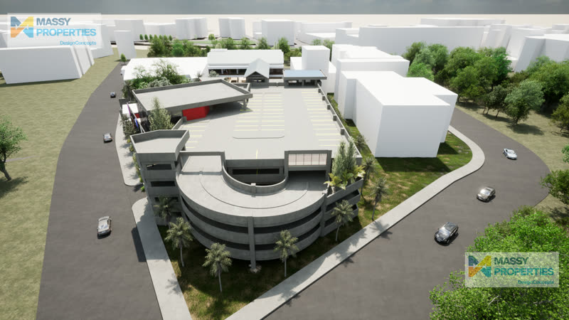 Aerial view of a commercial parking structure
